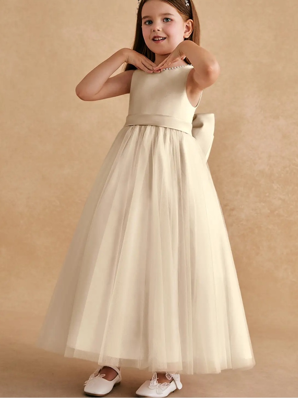 Azazie Cookie Champagne Beaded Trim A-Line Bow Tulle Flower Girl Dress Sz 5 NWT